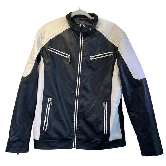 American Breed Mens XL Black/White 100% P Leather Racer/BikerFleece Jacket FLAWS - Picture 1 of 16
